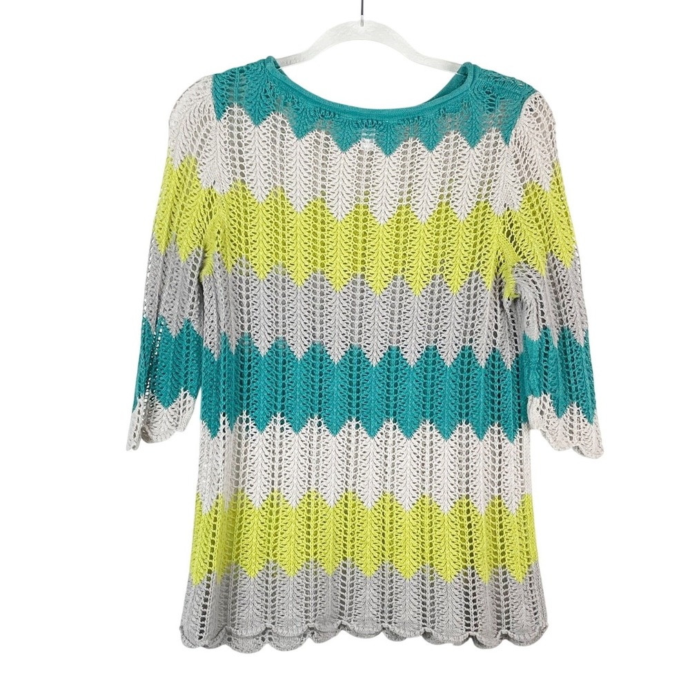 St. John's Bay Women's Blue Lime Green Gray Open Knit Top Sz PL Pullover Summer